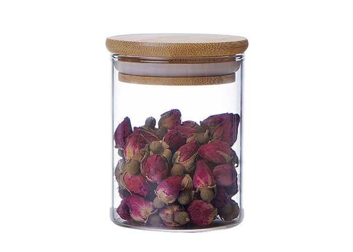 Airtight Glass Food Storage Jars Round Shape Customized Logo With Screw Wood Lid