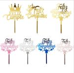 Feliz Cumpleanos Gold Happy Birthday Cake Toppers W11xH16cm Silver Acrylic Cake