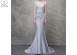 Sleeveless Silver Mermaid Style Prom Dress Lace Beaded Back Semi Nude Sweep