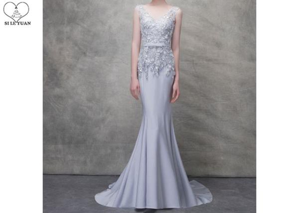 Sleeveless Silver Mermaid Style Prom Dress Lace Beaded Back Semi Nude Sweep