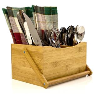 China Bamboo Wooden Tableware Tabletop Holder With Swing Handle For Cutlery Holder factory