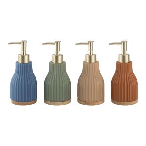 China Round Bath Soap Dispenser Ceramic Lotion Dispenser Vertical Stripe With Wood Base factory
