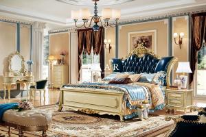 China Luxury Classic Design Wooden Carved Upholstered Leather King Size Bed factory