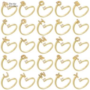 China Open Adjustable 18k Gold Plated Diamond Letter Rings Zircon A-Z Alphabet Statement factory