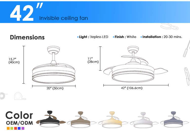 Standard Wind LED Ceiling Fan with Retractable PC Blades and Air Conditioning Function