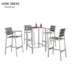 China 7 Piece Bistro Bar Table And Stools Aluminum Frame Wood Surface UV Resistant factory
