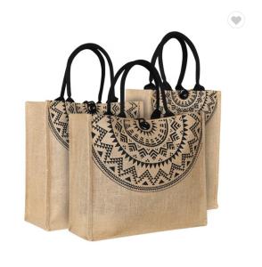 China Customized Canvas Button Printed Jute Bags With Logo Natural Black Beach Laminated factory