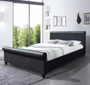 China Versatile Upholstered Bed Frame King Size Black Faux Leather Sleigh Headboard Footboard factory