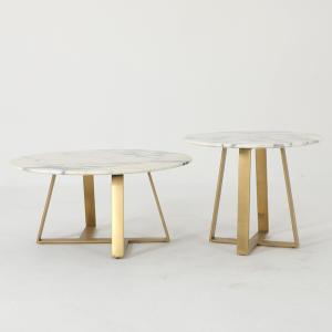 China Living Room Stainless Steel Round Set coffee Table With Brushed Gold Satin Finish Natural Marble Top Metal Legs factory