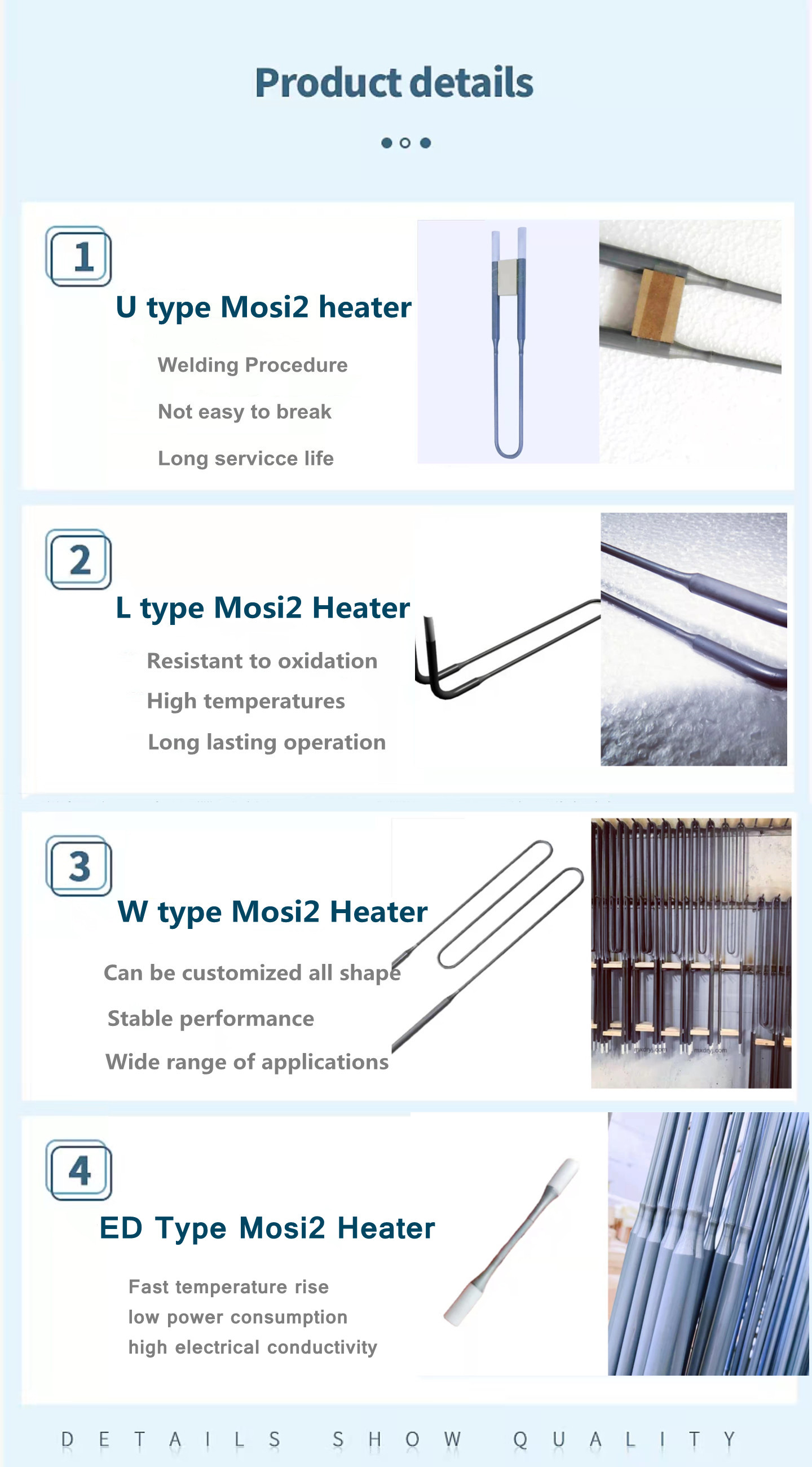 High Quality 1800c U type mosi2 molybdenum disilicide heating element for electric furnace