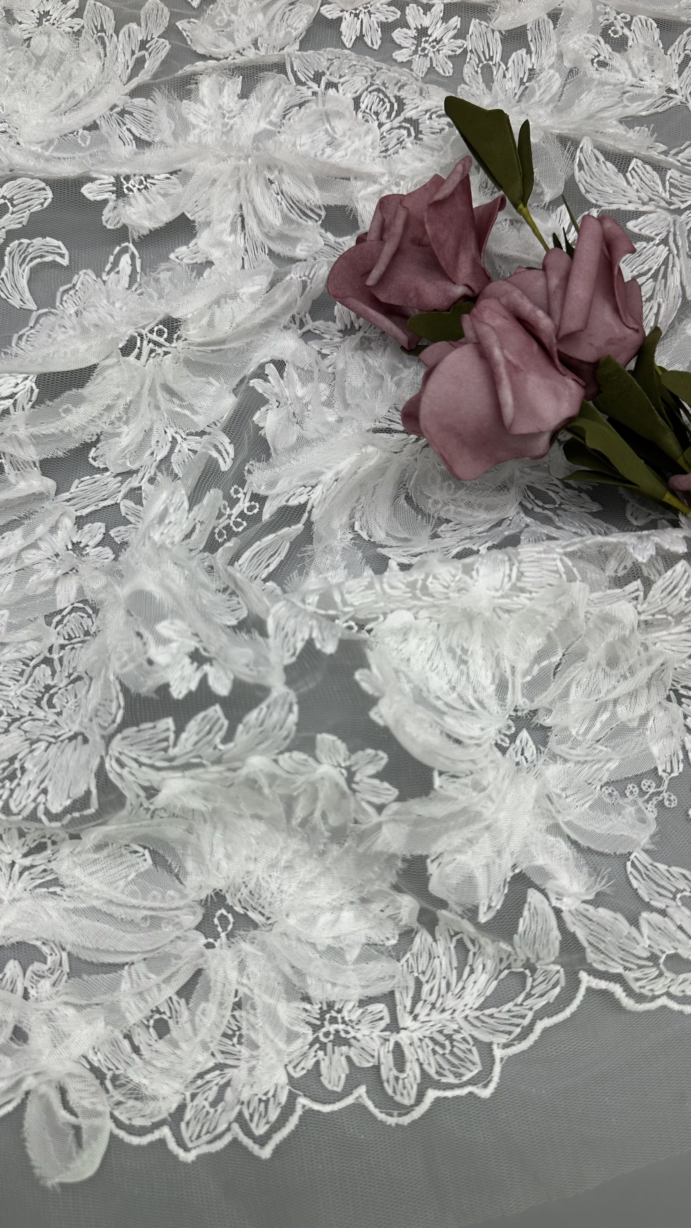 White Floral Lace Fabric For Gowns Mesh Ground Intricate Embroidery With Subtle Character