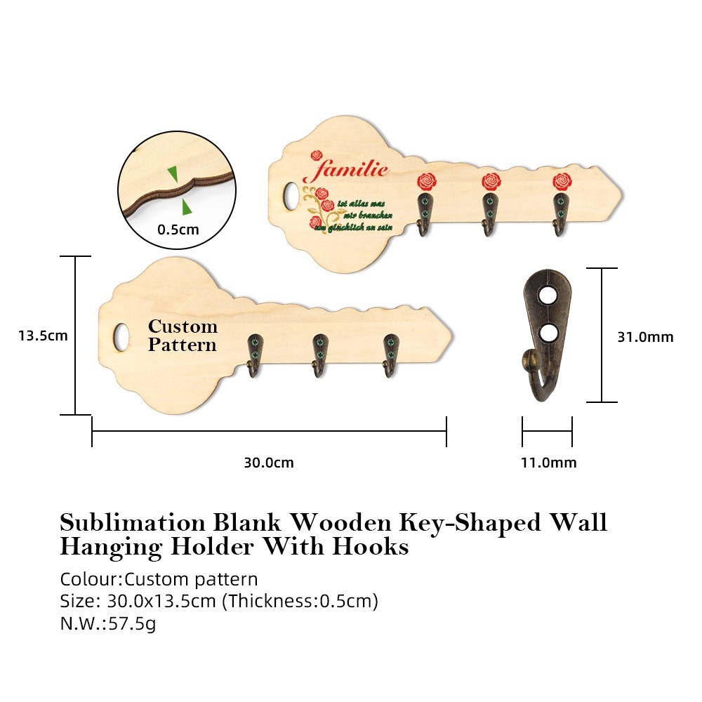 DIY Creative Sublimation Blank Wooden Key-Shaped Wall Hanging Holder With Hooks For Sublimation Photos Printing