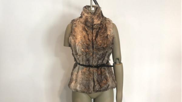 Brown Multi Color Womens Faux Fur Jacket Gilet With Pu Belt And Funnel Neck