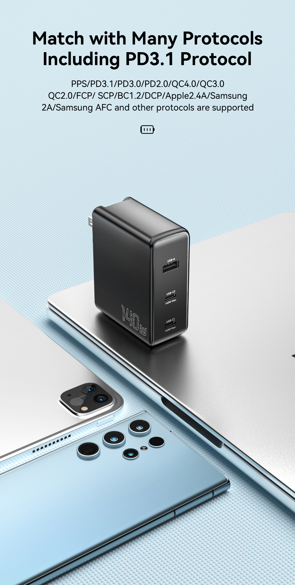 Mobile Phone GaN Chargers 140W With 3 Ports In 1 USB A 2 Type C PST-140C2A-LB-GAN Series