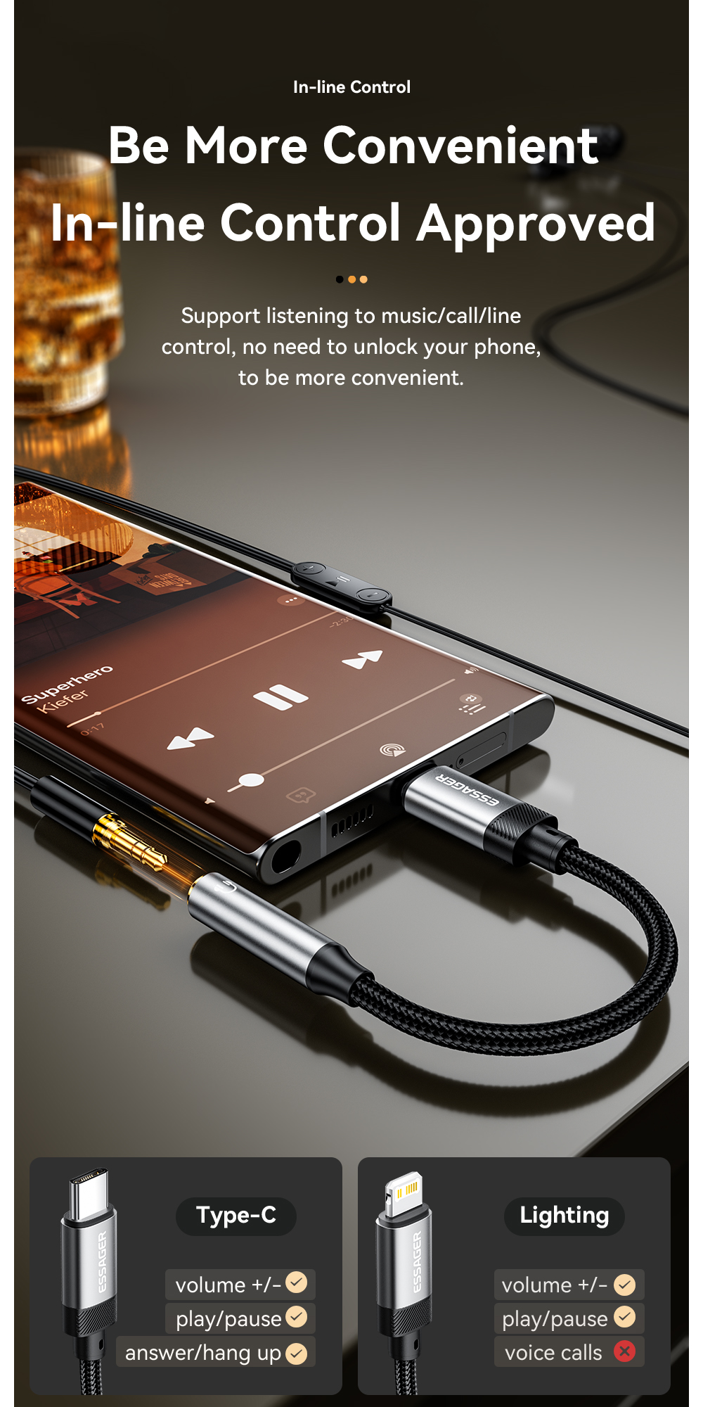 USB C Lightning To 3.5mm Aux Cable OTG Adapters for Mobile Phones and Tablets