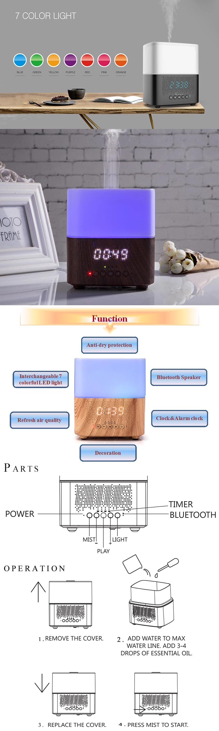 Ultrasonic Essential Oil 300ml PP Wood Aromatherapy Diffuser