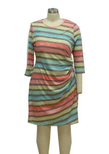 Colorful Printed 3 4 Sleeve Cocktail Dresses , Striped Casual Dress For 40 Year