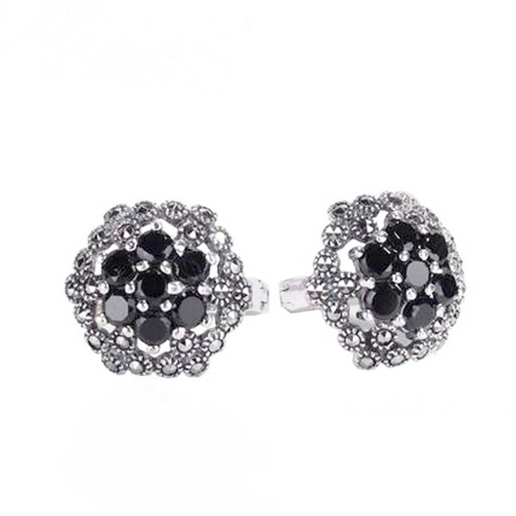 Thailand Silver Pave Marcasite Stud Earrings Women's Vintage Jewelry (E11064BLACK)