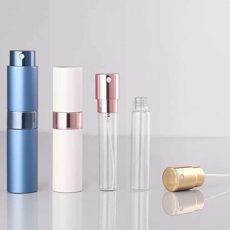 Aluminum Collar 5ml 8ml 10ml Mini Empty Sample Vials Glass Spray Perfume Bottle with Glass Laser Engraved Surface and Box