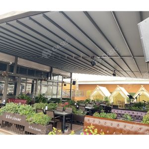 China Aluminium Gazebo With Retractable Roof Strip Lights , Electric Retractable Pergola factory