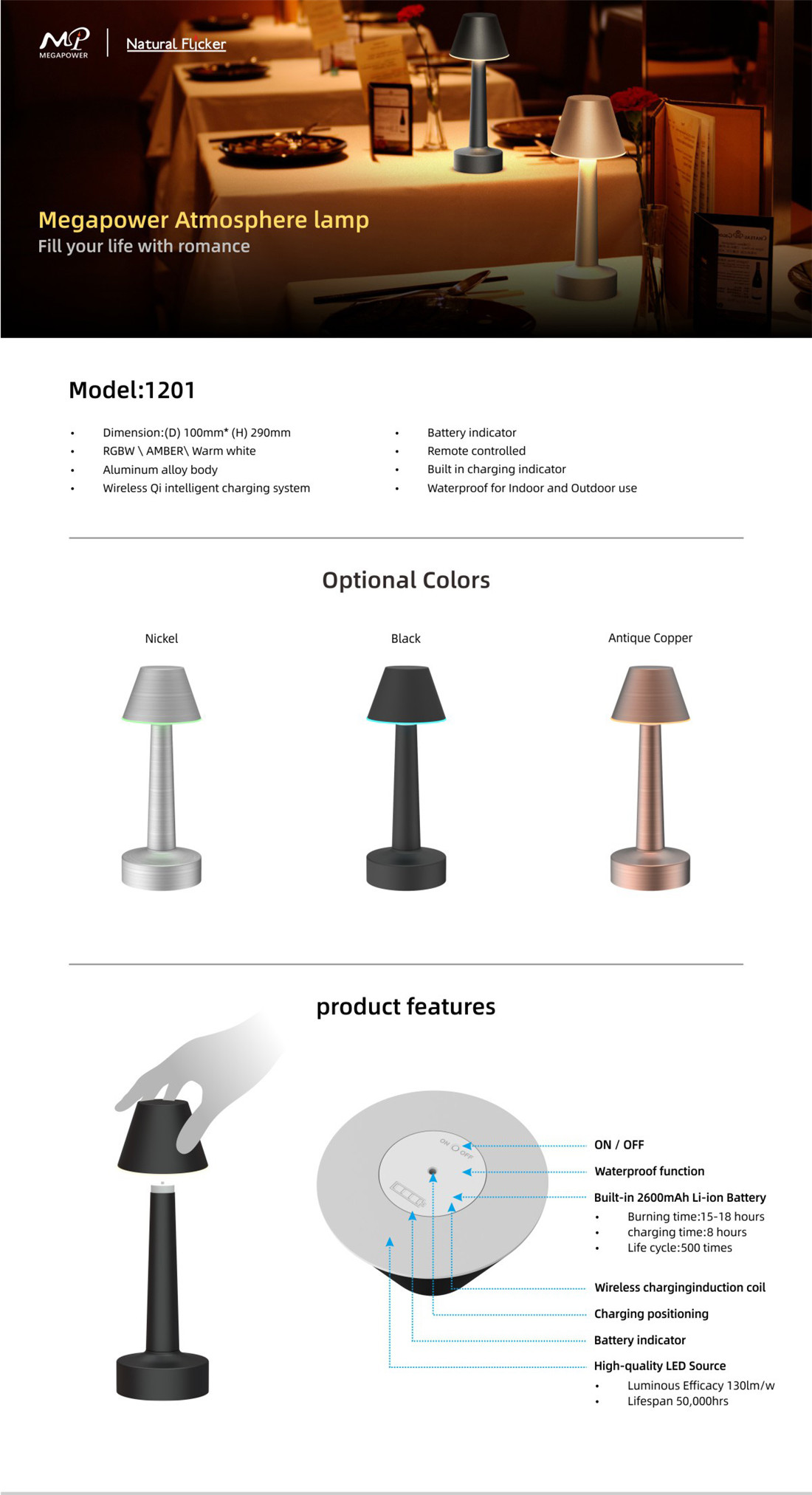 Phonecontrol Rechargeable Table Lamp, RGBW Portable Night Light for Living Rooms, Bedrooms and Camping