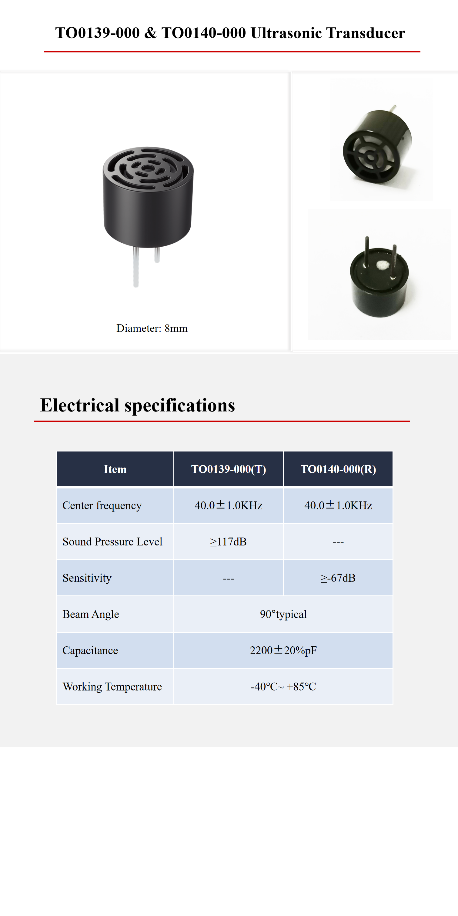 PC 8.0mm Ultrasonic Transducer Types Open Type Ultrasonic Transceiver Sensor