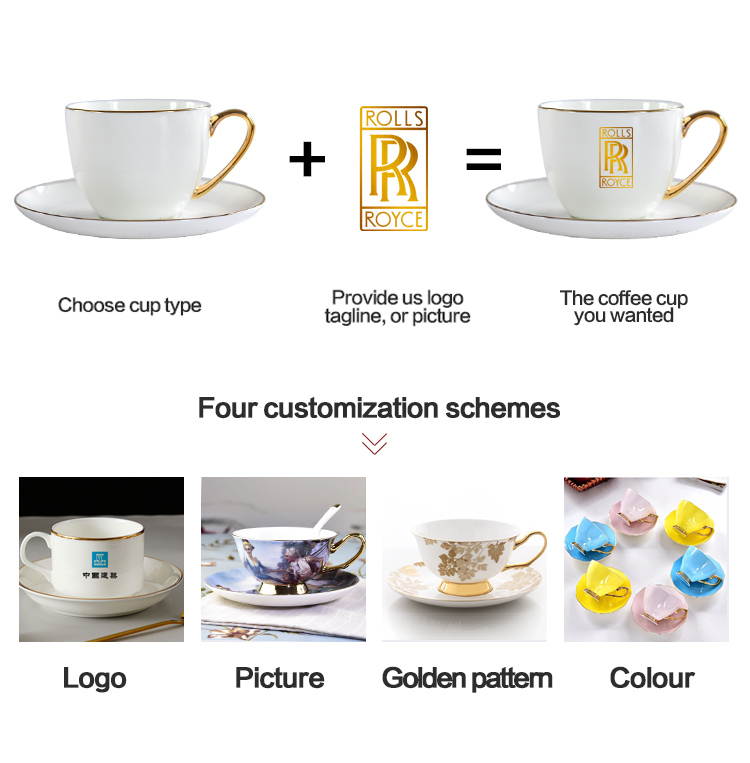 Wholesale customizable sublimation coated best selling Ceramic Bone China Mug with Saucer with golden rim