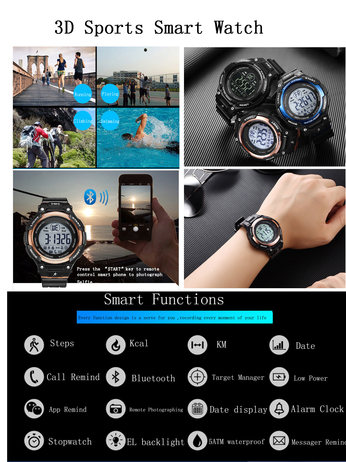 Men's Silicone Wrist Watch ,Bluetooth Smart Watch , Luxury Waterproof SmartWatch，Military Digital Pedometer Smartwatch