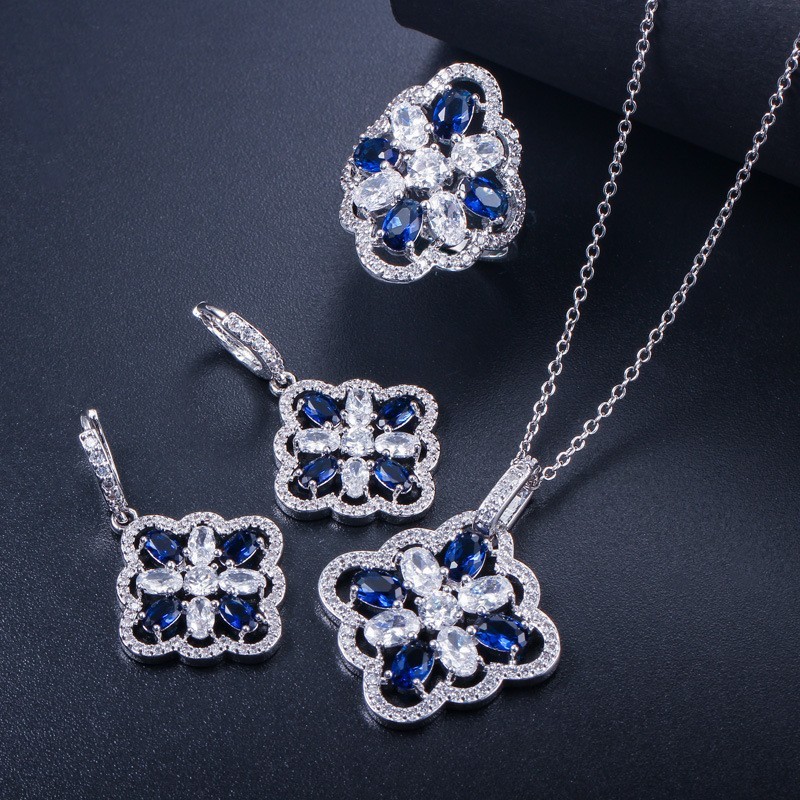 White Gold Color Luxury Bridal CZ Crystal Necklace and Earring Sets Big Wedding Jewelry Sets For Brides