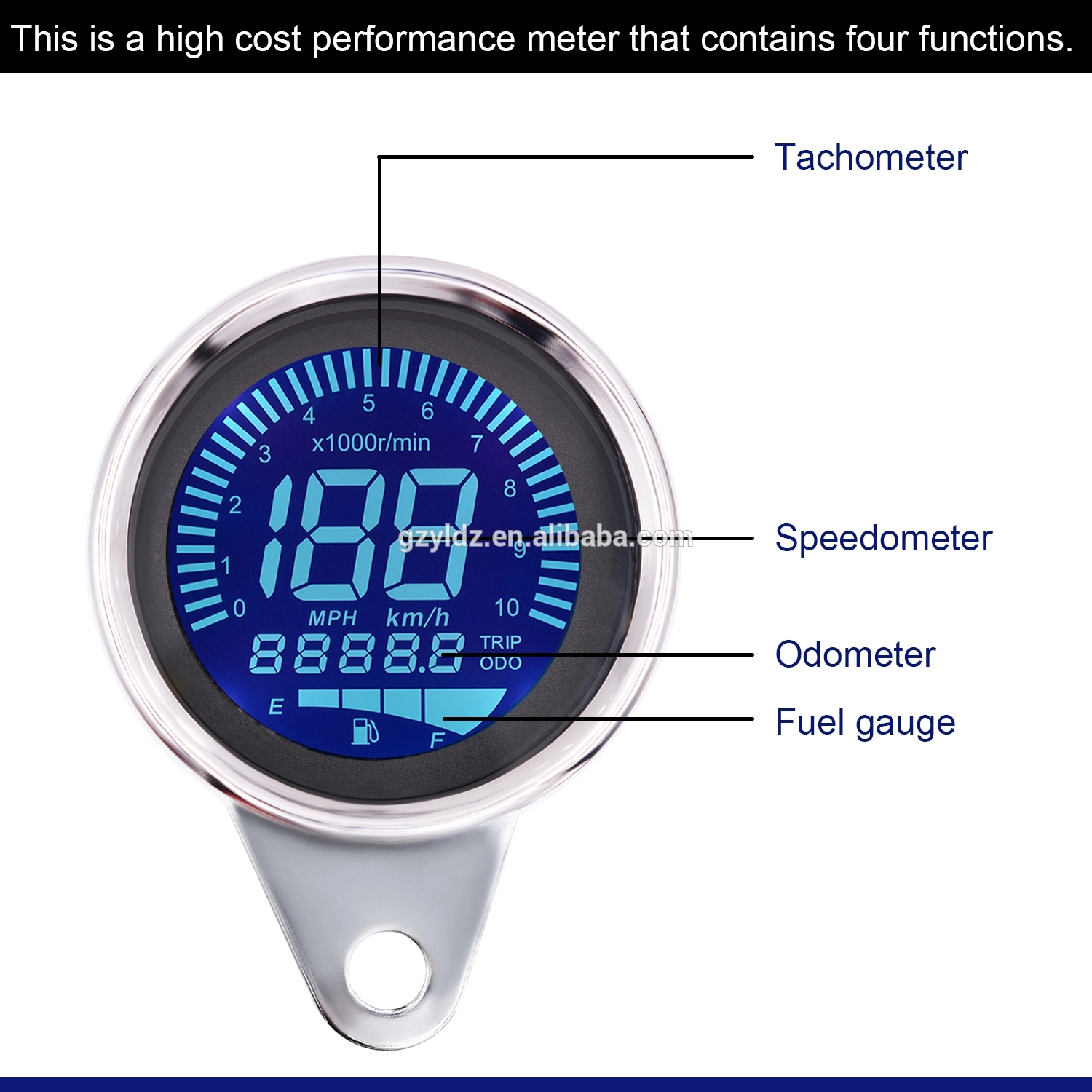 4 In 1 100km/H Digital Rpm Gauge , DC12V Motorcycle Digital Tachometer