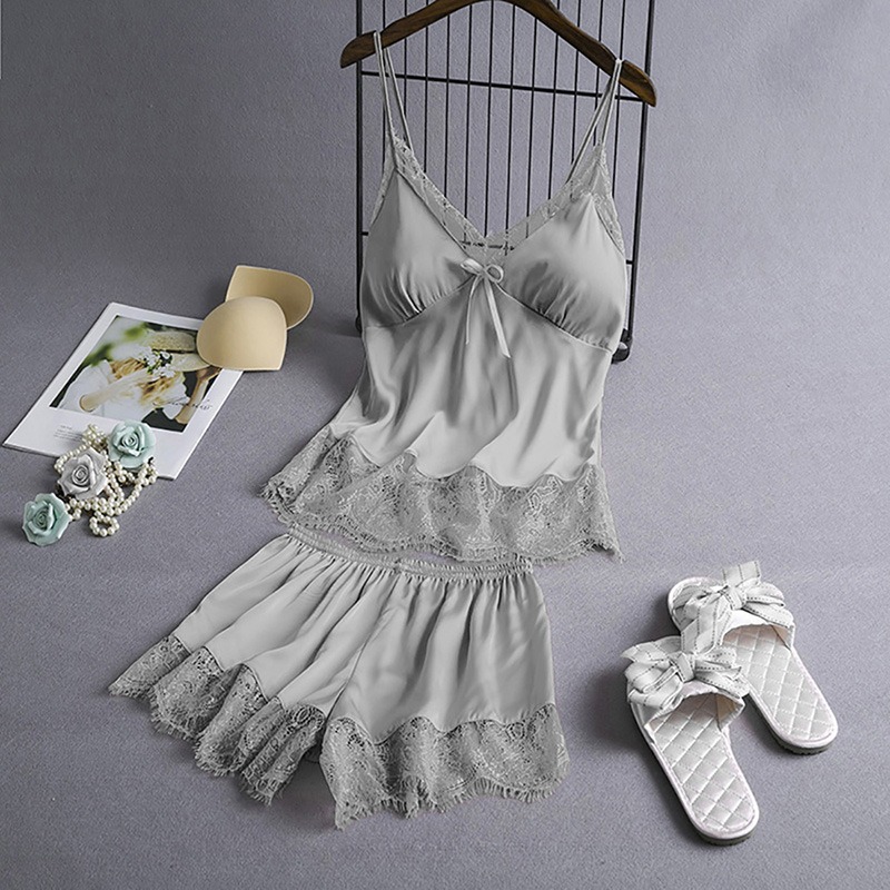 Summer Sleeveless Ice Silk Sexy Suspenders Knickers Lace Satin Pajama Set For Women