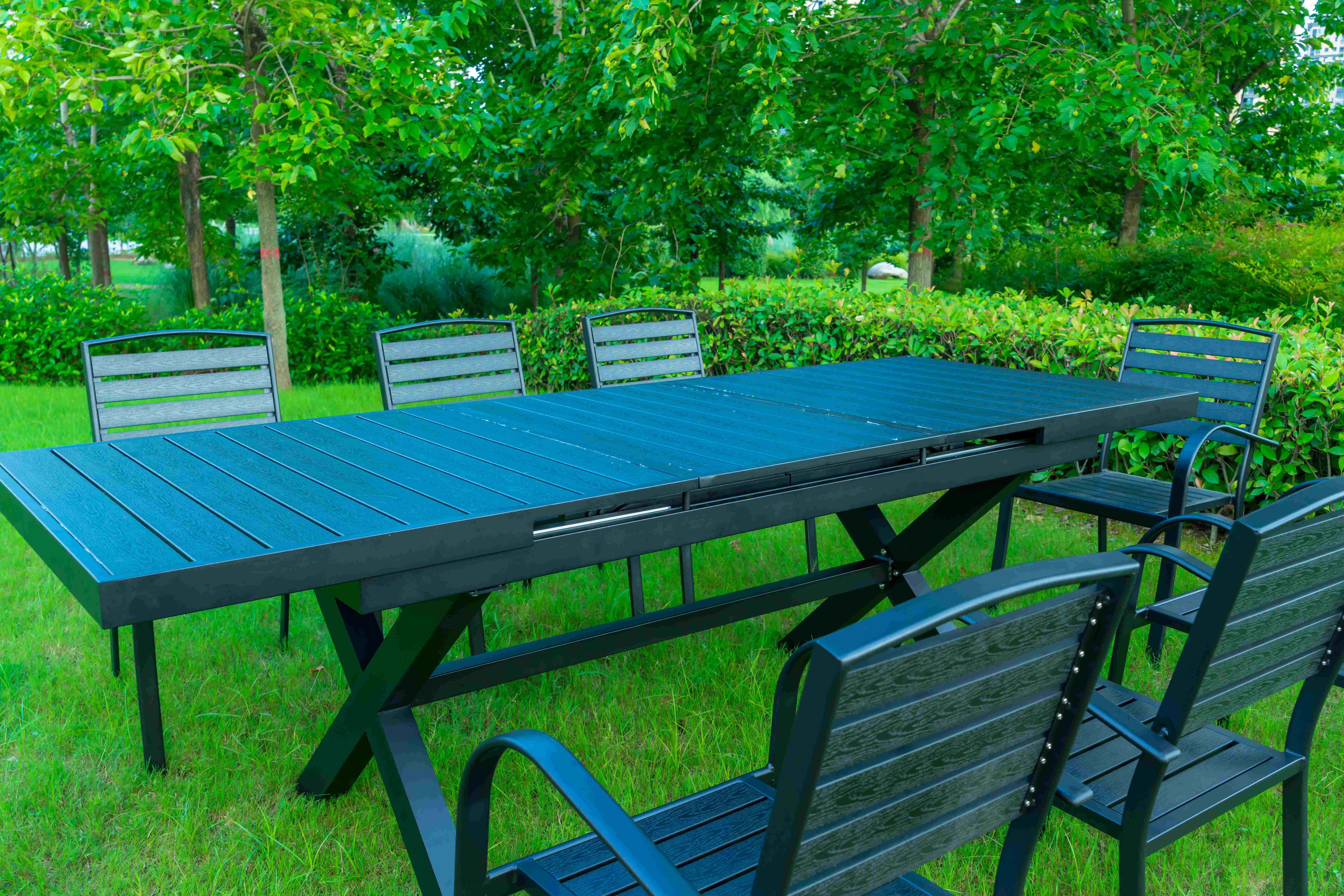 9 Pieces Black Plastic Wood Modern Outdoor Garden Furniture Table Set 8-10 Seater Extendable Patio Dining Table Chairs