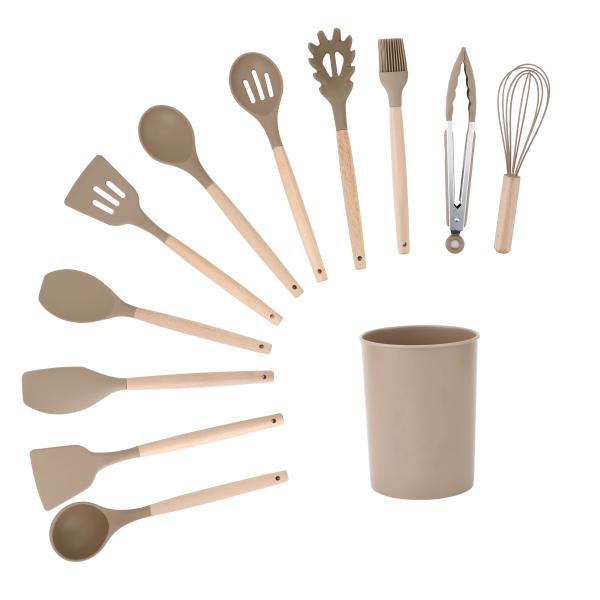 Wooden Handle Kitchen Utensil Set with Holder Box and Non Stick Silicone Cooking