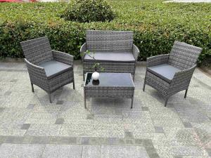 China Best 4 PCS Rattan Patio Furniture Set Cushioned Sofa Chair Coffee Table Popular Wicker Look Hotel Outdoor Furniture factory
