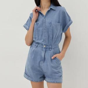 China Summer Women Short Sleeve Romper Fashion Casual Blank Button up Playsuit Denim Short Jumpsuit factory