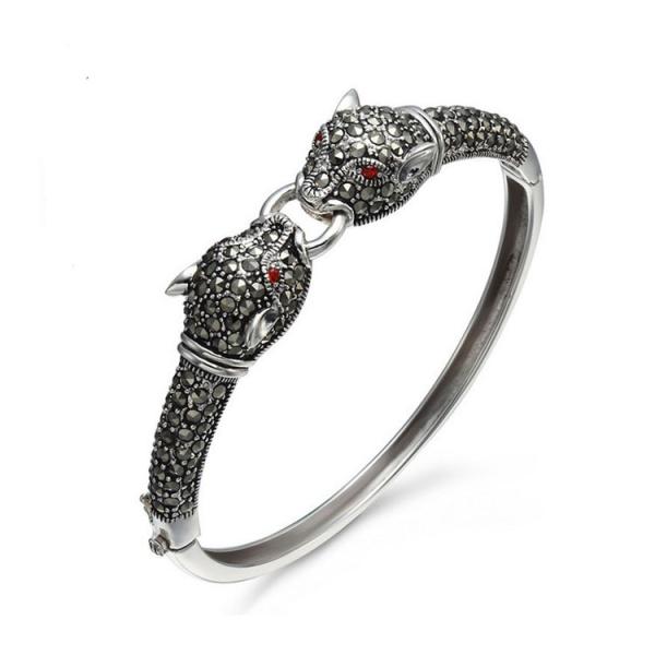 925 Sterling Silver Pave Marcasite Leopard Bangle Bracelet Vintage Jewelry for