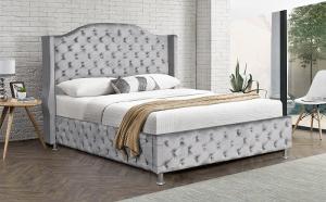China Customized Silver Grey Upholstered Bed Velvet Fabric Button Tufted High Headboard factory