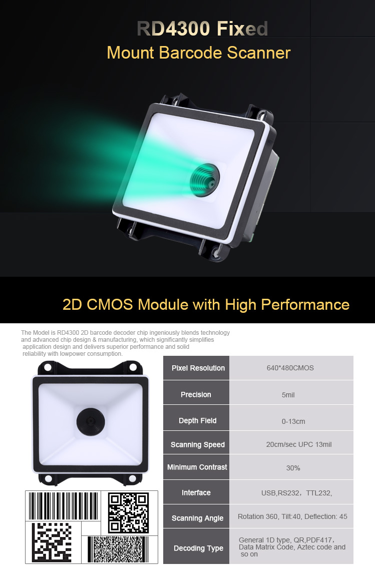 OEM Fixed QR Code Barcode Scanner Engine USB RS232 Embedded 2D Barcode Scanner Module