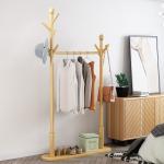Multifunctional Bamboo Coat Wooden Clothes Hanger Stand Double Pole