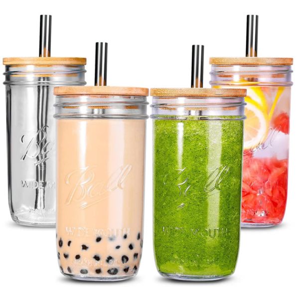500ml Bubble Tea Cups Reusable Wide Mason Mouth Smoothie Cups Mason Jar Drinking
