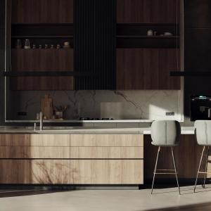 China Customized Wooden Veneer And Matt Black Lacquer Modern Kitchen Cabinet Designs For Home Kitchen Cabinet factory