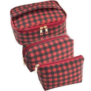 China 3pcs Red Black Plaid Polyester Cosmetic Bag For Travel factory