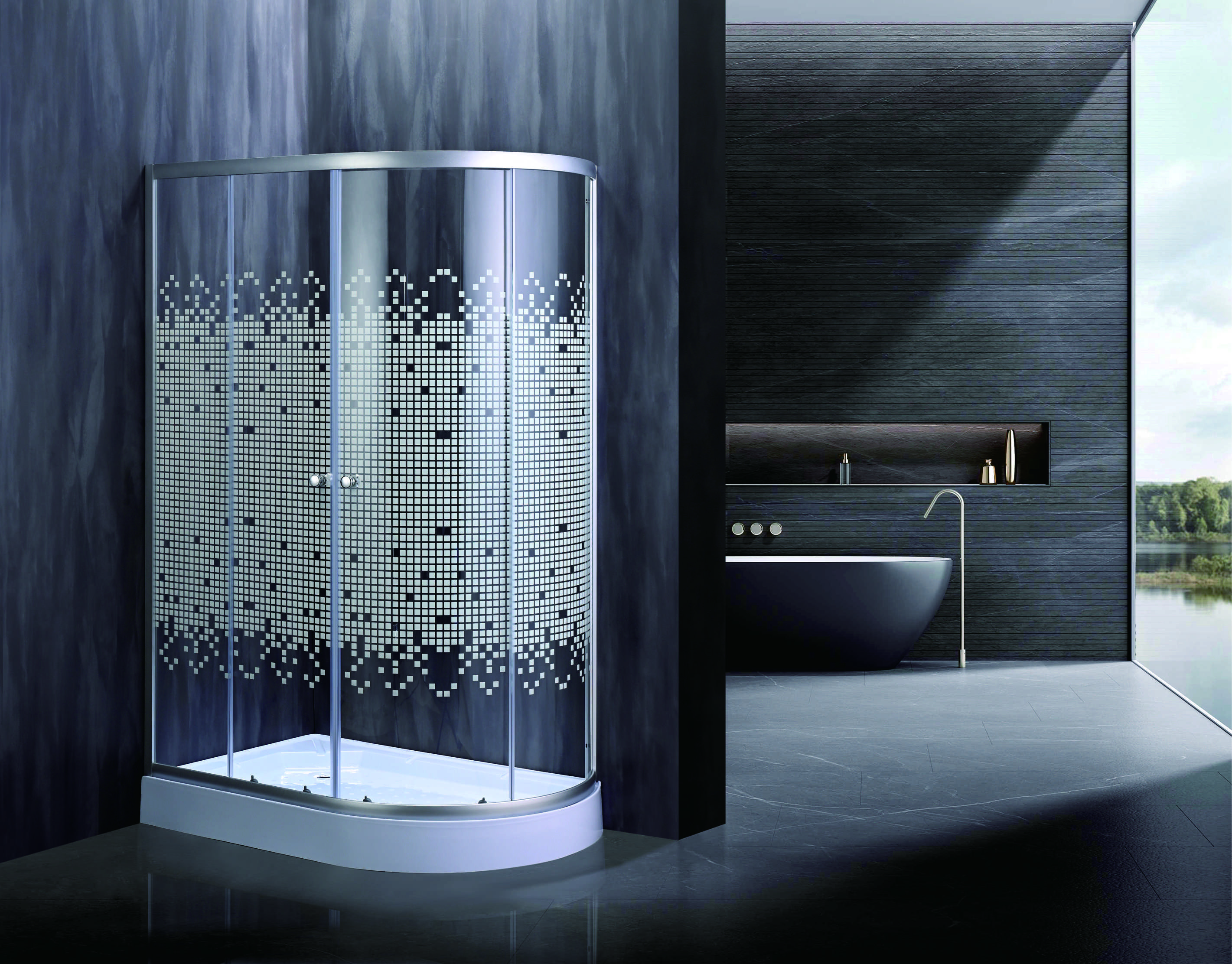 Stylish Quadrant Shower Enclosures With White Mosaic Patterned Glass For Modern