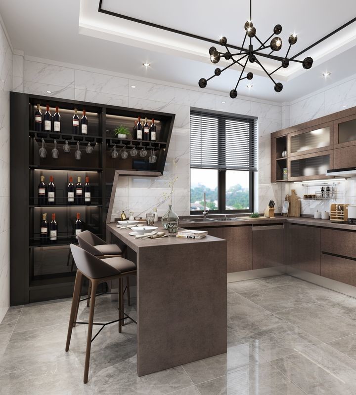 Modern U-Shaped Stainless Steel Kitchen Cabinets With Sleek Stone Grain Design