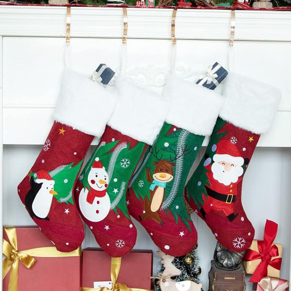 Set of 4 Family Christmas Stockings Carry The Tree Together Embroidery Red