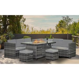 China Leisure Outdoor Steel Tube Frame AJUNION Wicker Rattan Garden Set with Fire Pit Table factory