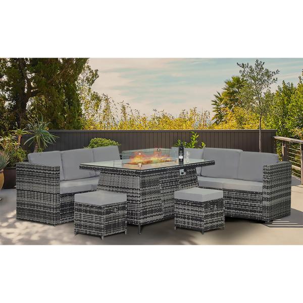 Leisure Outdoor Steel Tube Frame AJUNION Wicker Rattan Garden Set with Fire Pit