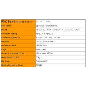 High Temperature Resistance Double Row Roller Bearing 22334CC / W33