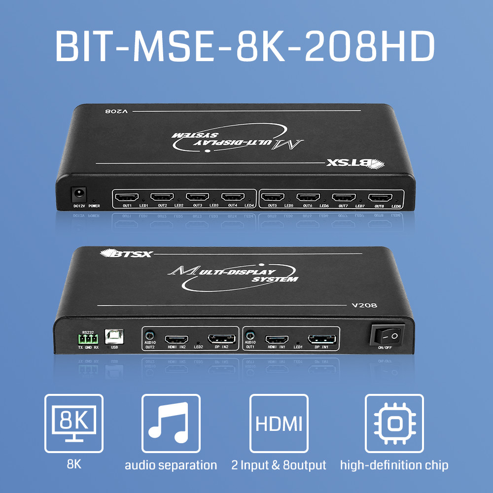 BIT-MSE-8K-208HD 1X1 1X2 1X3 1X6 2X1 2X2 2X4 Video Switcher 2 In 8 Out Video Wall Controller