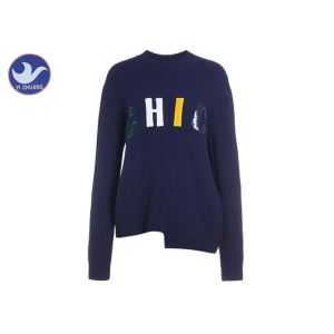 China Letters Fabric Patch Embroidery Womens Knit Pullover Sweater Irregular Welt Jumper factory